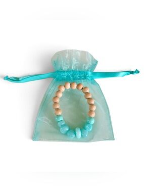 Blue Aqua Stone Natural Wood Beaded Stretch Bracelet Boho Boutique Jewelry NEW